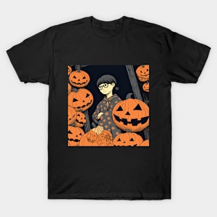 Halloween Sad Girl in eyeglasses with Pumpkin T-Shirt